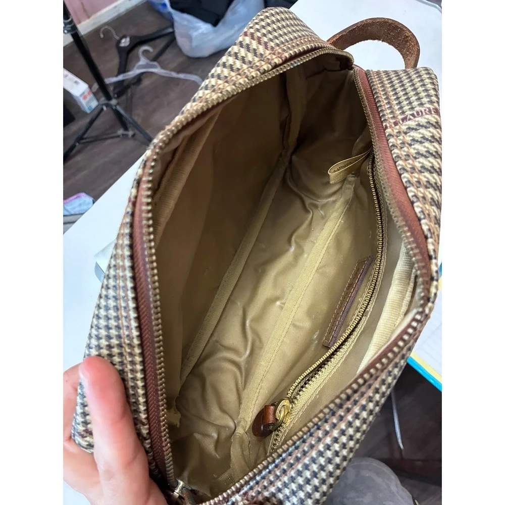 Vintage Polo Ralph Lauren Houndstooth Toiletry Bag Leather Trim Makeup Bag Brown